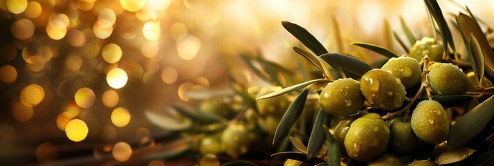 Ripe olives on a branch with leaves on a green background, bokeh effect. Horizontal banner. Free space for text. Olive festival in Spain, olive oil. Mediterranean diet, healthy food