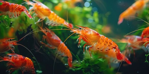 A collection of vibrant Super Red cherry shrimp