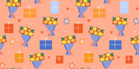 Seamless pattern with bouquets of flowers, boxes with surprises, hearts. Print for packaging, textiles, gift paper. Vector graphics.