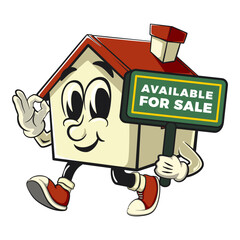 house cartoon character mascot retro vector design carrying a sign saying available for sale, work of hand drawn