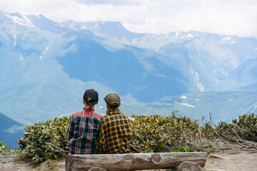 children sitting on log bench observing beautiful mountains view