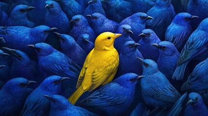 Striking Contrast: A Vibrant Yellow Bird Amongst a Flock of Blue Birds - Perfect Poster for Sports Interiors and Nature Lovers’ Spaces