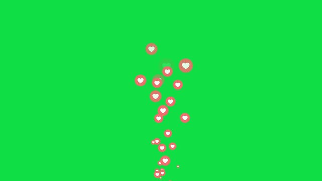 Floating hearts likes love animation live streaming reaction social media on green screen chroma key alpha channel background