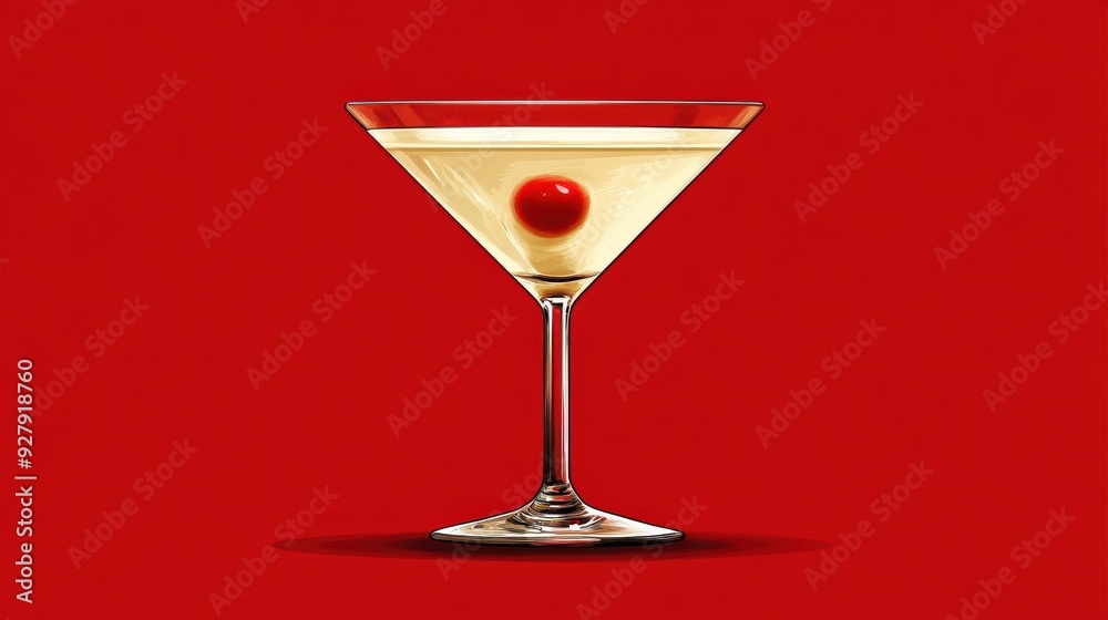 Poster Elegant Cocktail in Martini Glass on Red Background