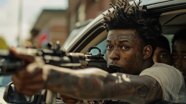 Young man holding a gun on a street