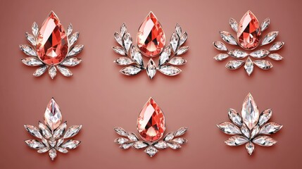 A collection of elegant rhinestone brooches featuring intricate designs and sparkling details on a soft, pink background.