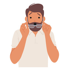 Surprised Man Adjusting His Glasses While Wearing Casual Attire. Character Portrays A Mix Of Curiosity And Shock