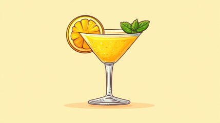 Fototapeta premium Vibrant Yellow Cocktail with Lemon and Mint Garnish