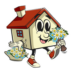 house cartoon character mascot retro vector design as florist with desy flowers, work of hand drawn