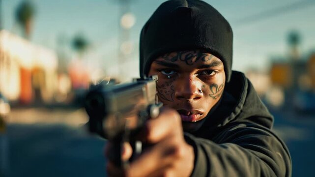 Young man holding a gun on a street