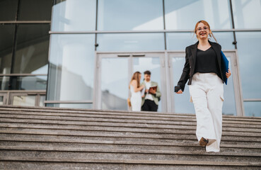 Confident businesswoman descending stairs of a modern office building, holding documents and phone,...