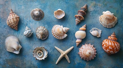 Stunning Seashell Collection: Perfect for Sporting Decor - Elevate Your Space with Beautiful Shells Against a Captivating Blue Backdrop!