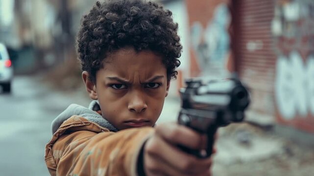 Teenager boy holding a gun on a street