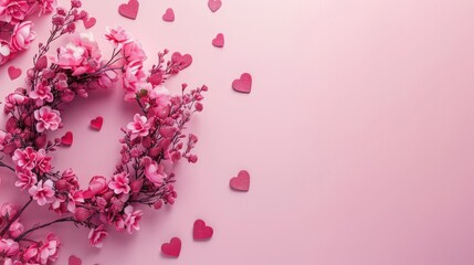 Valentine s Day theme with pink floral wreath and hearts on soft pink backdrop Flat lay top view space for text