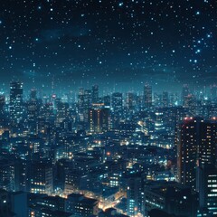 Naklejka premium Starry Enchantment: anime-style Cityscape of a Celestial Metropolis at Night, Glimmering Sky-high Buildings in Modern Artistry,Christmas, New Year 2025, holiday marketing creative poster,Anime-Style