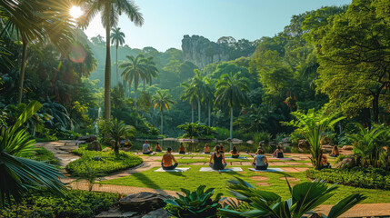 A group of people participating in a yoga class in a park, with lush greenery and peaceful surroundings