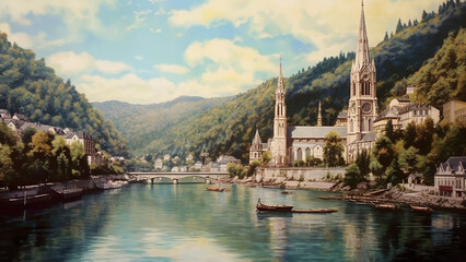 Fototapeta premium Lourdes - river, church, mountains, town, boats, bridge, trees, sky, water, architecture, reflections, nature, scenic, picturesque, landscape, valley, spires