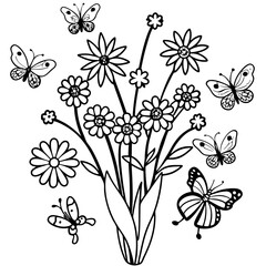 Bouquet of Wildflowers with Cute Bugs and Butterfly - Vector SVG, Cricut Files, Clipart, T-Shirt Graphics