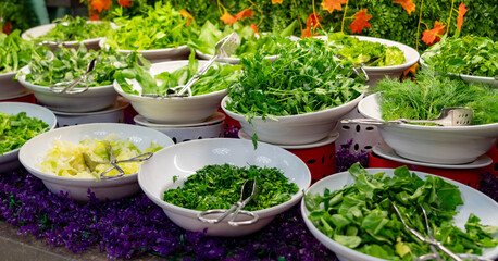 Assortment of various fresh herbs and salad leaves on a luxury hotel buffet