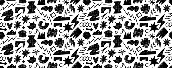 Doodle grunge seamless pattern with funky geometric shapes and quirky forms. Crayon drawn punk style background.