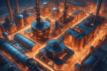 industrial refinery at dusk with glowing lights
