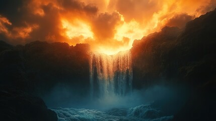 Fototapeta premium Waterfall cascading into a turquoise lagoon, with tropical plants and towering cliffs in the distance