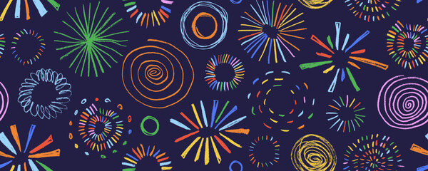 Playful funky seamless banner design with crayon drawn spirals and sunburst shapes in colorful kid's style. Hand drawn fireworks. Fun style seamless pattern. Doodle sunbeams, swirls and circles.