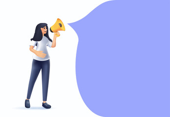 Advertising and promotion 3D concept. Woman cartoon character standing and shouting in loudspeaker or megaphone