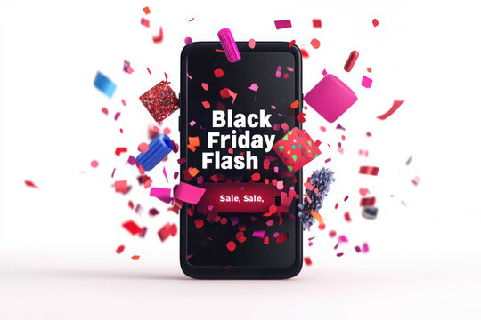 Black Friday Flash Sale concept with a smartphone surrounded by flying confetti and gift boxes, highlighting online shopping deals