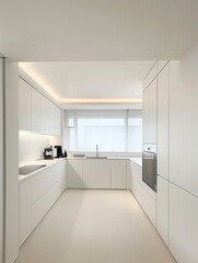 Minimalist White Kitchen with Built-in Appliances and Large Window