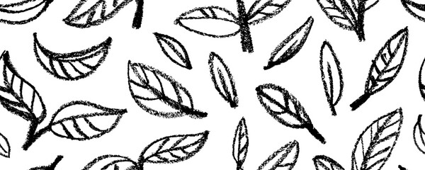 Fototapeta premium Crayon drawn simple leaves seamless pattern. Pencil or charcoal natural drawing. Grunge style ink painted foliage.
