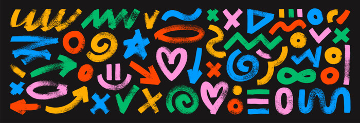 Colorful basic geometric shapes, arrows, brush drawn bold squiggles. Various childish doodle grunge elements. Punk girly style hearts, spirals and naive geometric figures. Vector collage elements.