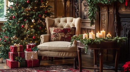 Obraz premium Create a Cozy Holiday Vibe: Enchanting Room with Candlelit Table, Classic Chair, Gifts, and Sparkling Evergreen Tree - Perfect for a Festive Poster in Any Interior