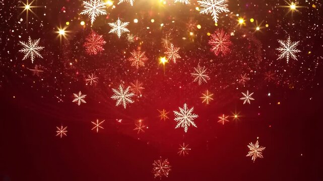 Abstract red christmas background with snowflakes. Festive blurred shiny glitter texture with copy space. Video animation screensaver. Wallpaper for New Year holidays. Golden sparkles and sequins. 