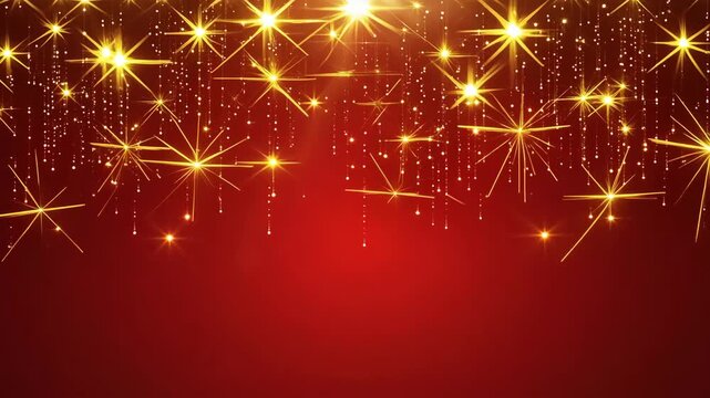 Abstract footage with garland of twinkling lights on red background. Golden sparkles and sequins. Festive shiny glitter texture with copy space. Video screensaver. Wallpaper for Christmas, New Year.