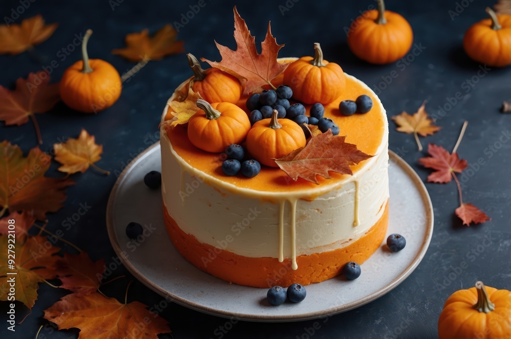 Wall mural festive autumn cake with pumpkins and leaves