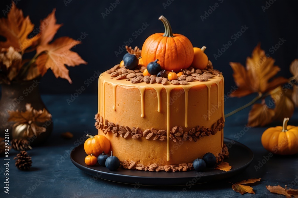 Wall mural festive autumn cake with pumpkins and leaves
