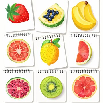 Fruit Salad Flashcards: A vibrant collection of nine common fruits, sliced in half, presented on individual flashcards for educational purposes.  