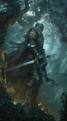 Fototapeta premium The Knight's Vigil: A lone knight in full armor stands guard in a moonlit forest, a symbol of courage, duty, and the unwavering spirit of a warrior, phone wallpaper