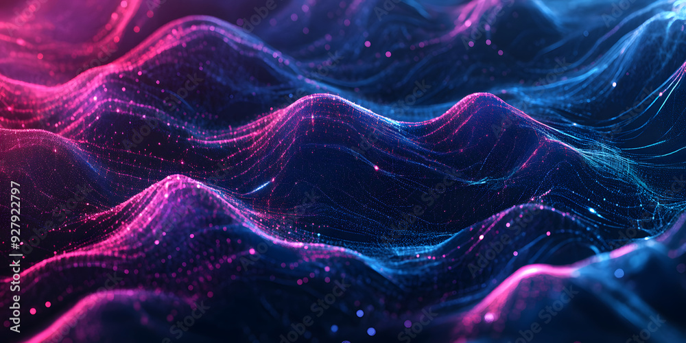 Wall mural abstract wavy background of many lines and dots with a blue-violet gradient. waves. neon colors