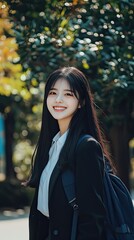 Smiling Young Woman with Long Black Hair in a Black Blazer and White Shirt with a Backpack