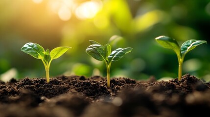 Three young green plants emerge from fresh, moist soil, basking in the warm sunlight, symbolizing growth, hope, and new beginnings in a natural setting.