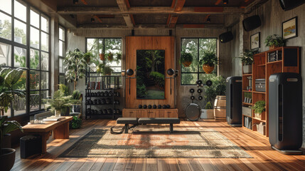 Fototapeta premium A home gym setup with smart fitness equipment, including an interactive workout mirror and connected weights