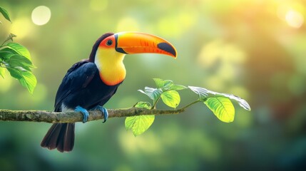 A vibrantly colored toucan perches on a branch surrounded by lush green foliage. The image highlights the bird's striking beak and bright plumage against a jungle background.