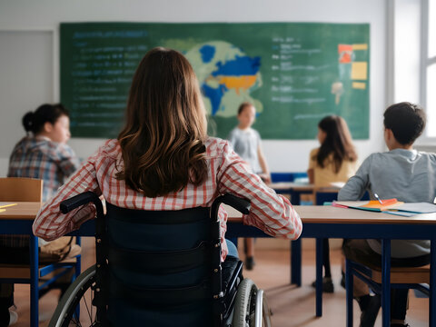 Concepto de educaci&oacute;n inclusiva con vista posterior de una estudiante en silla de ruedas en el aula
