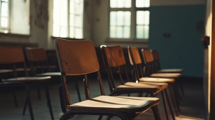 An empty classroom with rows of wooden chairs bathed in sunlight streaming through the windows, evoking a sense of quiet, learning, and possibilities.