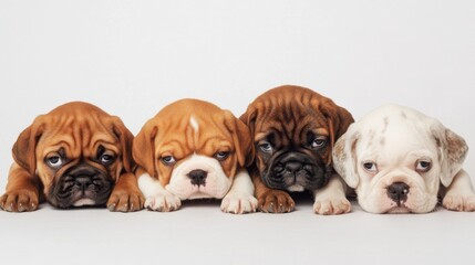 A charming image of four cute puppies resting side by side on a white background, capturing the innocent and endearing nature of young dogs in a heartwarming scene.