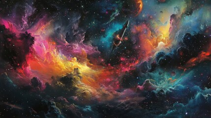 A breathtaking view of a vibrant cosmic nebula filled with swirling colors, countless stars, and distant celestial bodies, representing the boundless expanse of the universe.