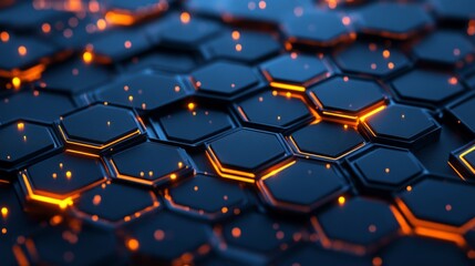 Obraz premium Dynamic image of black hexagonal shapes interconnected with glowing orange lights, evoking a futuristic technological theme and an atmosphere of innovation.