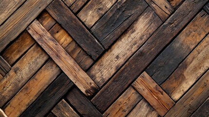 A close-up photograph of a texture formed by wooden planks arranged in a diagonal crossed pattern. The wood shows various shades and signs of wear.